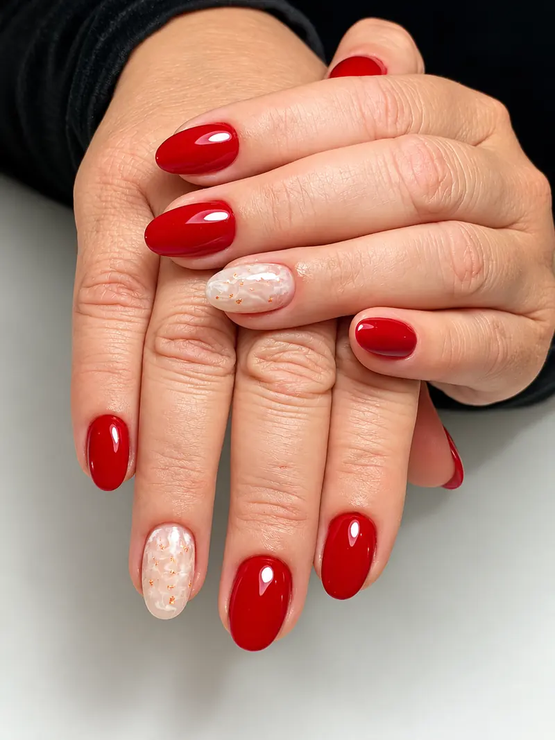 Unhas amendoadas vermelhas com duas unhas em branco marmorizado e flocos dourados